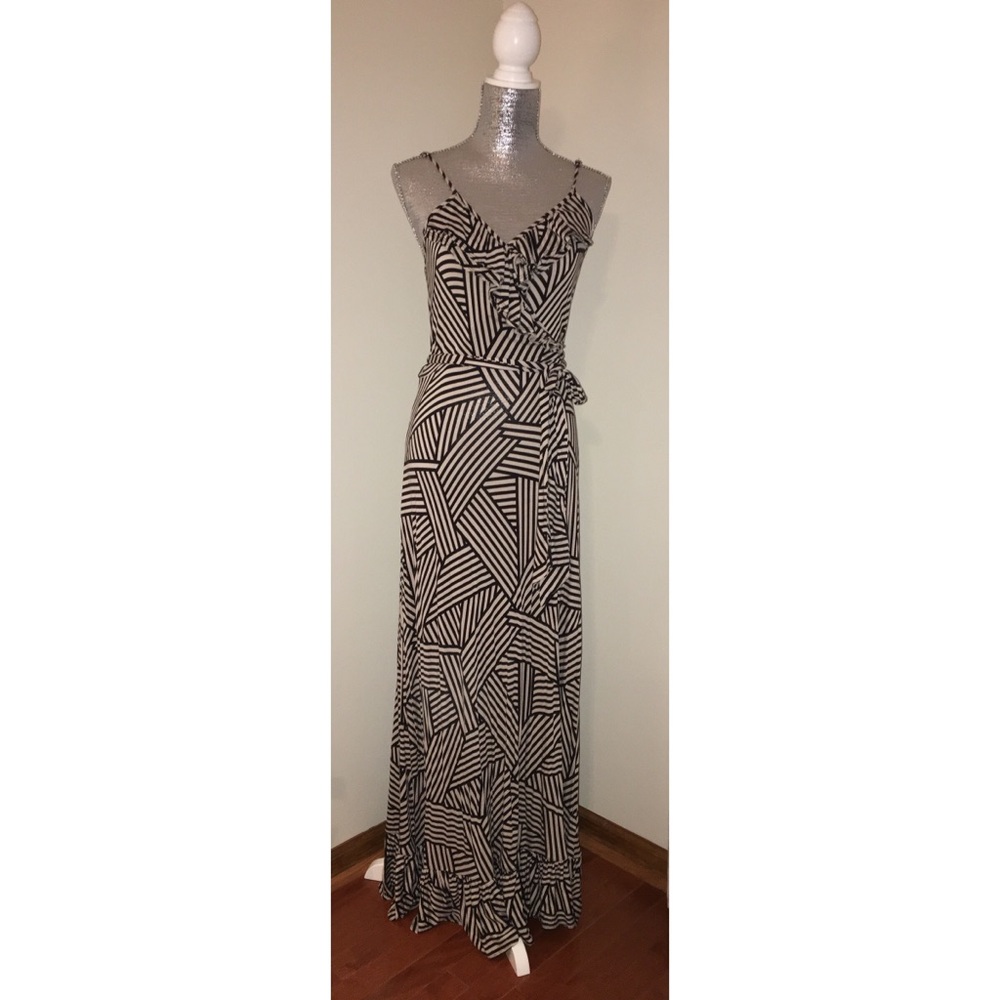 Tan and Black Ruffled Maxi Dress